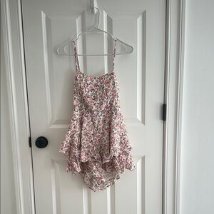 Pink and Green Ruffled Jumpsuit with Floral Design